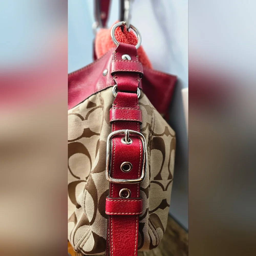 Coach Signature Canvas and Red Leather Tote - Picture 4 of 5